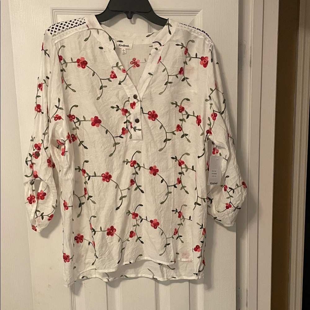 Floral Button-Up Blouse with Red Accents